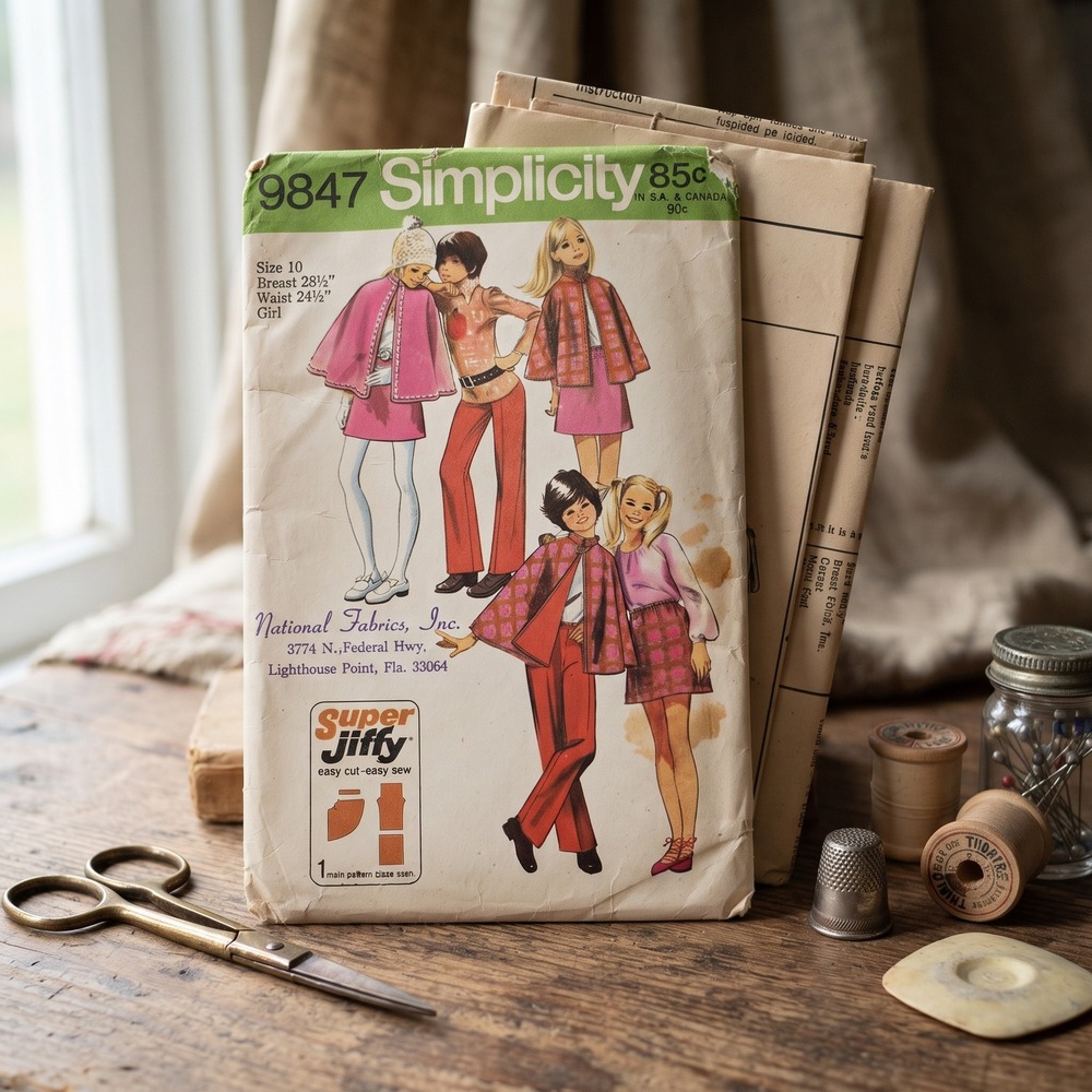 VTG 1971 Simplicity 9847 Super Jiffy Girls Cape Skirt Pants Pattern Size 10